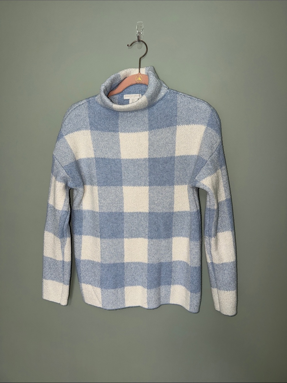 Christian Siriano Blue & White Buffalo Plaid Turtleneck Soft Knit Sweater